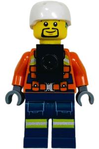 Coast Guard Male Minifigure - Male Coast Guard City figure wearing a reddish orange jacket with pockets and reflective stripes, dark blue legs with pockets and reflective stripes, white sports helmet, and black neck bracket - cty1963