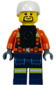 Male Coast Guard City figure wearing a reddish orange jacket with pockets and reflective stripes, dark blue legs with pockets and reflective stripes, white sports helmet, and black neck bracket - cty1963