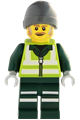 Male recycling worker wearing a lime safety jacket with reflective stripes, dark green legs with reflective stripes, and a dark bluish gray beanie - cty1964