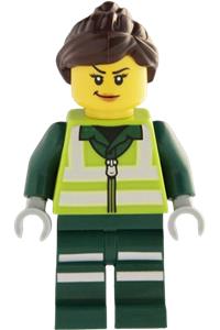 Female Recycling Worker Minifigure - Female recycling worker with dark brown ponytail and swept sideways fringe wearing a lime safety jacket and dark green legs, both with reflective stripes - cty1965