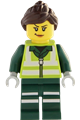 Female recycling worker with dark brown ponytail and swept sideways fringe wearing a lime safety jacket and dark green legs, both with reflective stripes - cty1965