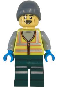 Snowplow Driver Minifigure - Male snowplow driver wearing a neon yellow safety vest with reflective stripes, dark green legs with reflective stripes, and a gray beanie - cty1966