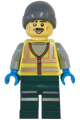Male snowplow driver wearing a neon yellow safety vest with reflective stripes, dark green legs with reflective stripes, and a gray beanie - cty1966