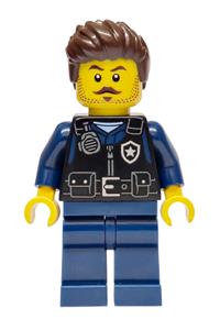 City Police Officer Minifigure - Male city police officer with dark brown wavy hair, black safety vest with silver star badge logo, and dark blue legs - cty1968