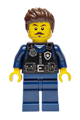 Male city police officer with dark brown wavy hair, black safety vest with silver star badge logo, and dark blue legs - cty1968