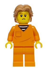 Male City Jail Prisoner Minifigure - Male city jail prisoner with medium nougat wavy hair and sideburns, wearing orange glasses and an orange prison jumpsuit - cty1970