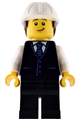 Male construction engineer or architect with dark brown hair, lopsided grin, wearing a white construction helmet, black vest with blue striped tie, and black legs - cty1971