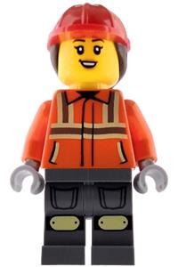 Construction Worker Minifigure - Female construction worker with reddish orange safety jacket with reflective stripes, dark bluish gray legs, red construction helmet, dark brown ponytail hair, and open mouth smile with top teeth - cty1972