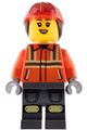 Female construction worker with reddish orange safety jacket with reflective stripes, dark bluish gray legs, red construction helmet, dark brown ponytail hair, and open mouth smile with top teeth - cty1972