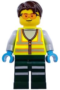 Service Truck Driver Minifigure - Male service truck driver with dark brown hair wearing a neon yellow safety vest with reflective stripes and dark green legs with reflective stripes - cty1973