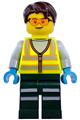 Male service truck driver with dark brown hair wearing a neon yellow safety vest with reflective stripes and dark green legs with reflective stripes - cty1973