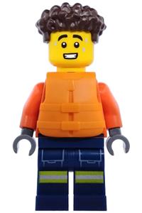 Male Coast Guard Minifigure - Male Coast Guard with dark brown hair, wearing a reddish orange jacket and orange life jacket, and dark blue legs with pockets and reflective stripes - cty1974