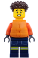 Male Coast Guard with dark brown hair, wearing a reddish orange jacket and orange life jacket, and dark blue legs with pockets and reflective stripes - cty1974