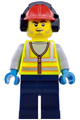 Male airport worker with stubble wearing a neon yellow safety vest with reflective stripes, red construction helmet with black ear protectors, and dark blue legs - cty1976