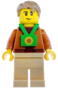 Plane Passenger Minifigure - Male plane passenger with dark orange jacket, tan legs, bright green sunflower lanyard, and dark tan hair - cty1978