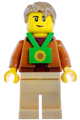 Male plane passenger with dark orange jacket, tan legs, bright green sunflower lanyard, and dark tan hair - cty1978