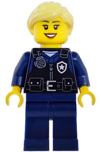 Airport Security Guard Minifigure - Female airport security guard with bright light yellow hair in a ponytail, wearing a black safety vest with a silver star badge logo and dark blue legs - cty1979