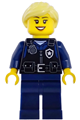 Female airport security guard with bright light yellow hair in a ponytail, wearing a black safety vest with a silver star badge logo and dark blue legs - cty1979