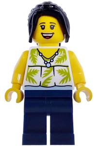 Plane Passenger Minifigure - Female plane passenger with black hair ponytail wearing a white sleeveless top with lime palm leaves and dark blue legs - cty1980