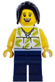 Female plane passenger with black hair ponytail wearing a white sleeveless top with lime palm leaves and dark blue legs - cty1980