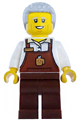 Male barista with light bluish gray coiled hair wearing a reddish brown apron with cup and name tag, and reddish brown legs - cty1981