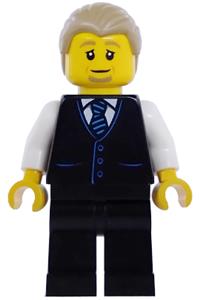 Air Traffic Controller Minifigure - Male air traffic controller with dark tan combed hair, wearing a black vest with blue striped tie and black legs - cty1982