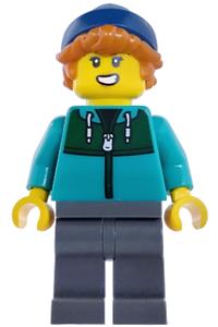 Plane Passenger Minifigure - Female plane passenger wearing a dark turquoise jacket with a dark green panel, dark bluish gray legs, and a dark blue beanie - cty1983