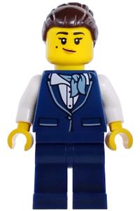 Flight Attendant Minifigure - Female flight attendant with dark brown hair bun wearing a dark blue vest and dark blue legs - cty1984
