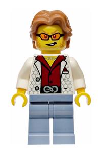 Male City Bandit Crook Minifigure - Male city bandit crook with medium nougat wavy hair, sideburns, wearing a white vest and orange glasses - cty1986