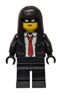 Female City Bandit Crook Minifigure - Female city bandit crook with black long hair, wearing a black tuxedo with a red tie and black legs - cty1987