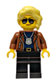 Female city detective with bright light yellow hair wearing a reddish brown jacket and black legs - cty1988