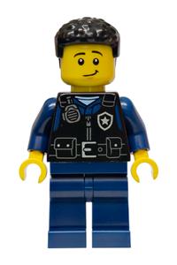 Male City Officer Minifigure - Male city police officer with black coiled hair wearing a black safety vest with silver star badge logo and dark blue legs - cty1989