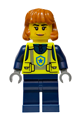 Female city police officer with dark orange mid-length hair, closed mouth smile, neon yellow safety vest, and dark blue legs - cty1990