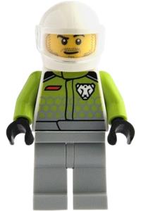 Go-Kart Driver Minifigure - Male go-kart driver wearing a lime racing suit with leopard logo, light bluish gray legs, white helmet with trans-clear visor, and goatee stubble - cty1992