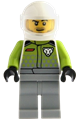 Male go-kart driver wearing a lime racing suit with leopard logo, light bluish gray legs, white helmet with trans-clear visor, and goatee stubble - cty1992