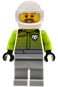 Male Race Car Driver Minifigure - Male race car driver with beard stubble and open mouth smile, wearing a white helmet with trans-clear visor, lime racing suit with leopard logo, and light bluish gray legs - cty1994