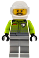 Male race car driver with beard stubble and open mouth smile, wearing a white helmet with trans-clear visor, lime racing suit with leopard logo, and light bluish gray legs - cty1994