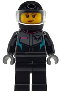 Female Jet Pilot Minifigure - Female jet pilot with a racing suit featuring a hawk head logo, black legs, black helmet with trans-clear visor, smirk/wink expression - cty1995