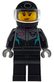 Female jet pilot with a racing suit featuring a hawk head logo, black legs, black helmet with trans-clear visor, smirk/wink expression - cty1995