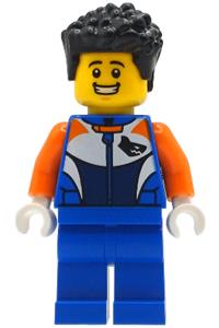 Male Bike Racer Minifigure - Male bike racer wearing a racing suit with a shark head logo, blue legs, and short black hair - cty1996