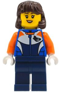 Female Bike Racer Minifigure - Female bike racer with dark brown mid-length hair, wearing a racing suit with a shark head logo and dark blue legs - cty1997