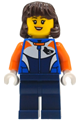 Female bike racer with dark brown mid-length hair, wearing a racing suit with a shark head logo and dark blue legs - cty1997