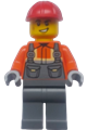Male construction worker with a lopsided grin and scuff, wearing dark bluish gray overalls over a reddish orange safety jacket with reflective stripes, dark bluish gray legs and a red construction helmet - cty1998