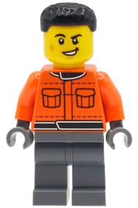 Formula 1 Pit Crew Member - Male Formula 1 pit crew member with black hair, reddish orange racing suit with pockets, dark bluish gray legs, and a scuff mark - cty2001