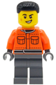 Male Formula 1 pit crew member with black hair, reddish orange racing suit with pockets, dark bluish gray legs, and a scuff mark - cty2001