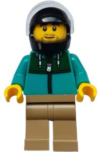 Stunt Driver Minifigure - Male stunt driver wearing a dark turquoise jacket with a dark green panel, dark tan legs, a black helmet and trans-clear visor - cty2003