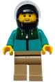 Male stunt driver wearing a dark turquoise jacket with a dark green panel, dark tan legs, a black helmet and trans-clear visor - cty2003