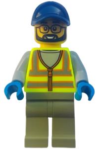 Street Sweeper Minifigure - Male street sweeper wearing a neon yellow safety vest with reflective stripes, dark blue cap and olive green legs - cty2004