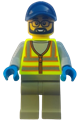 Male street sweeper wearing a neon yellow safety vest with reflective stripes, dark blue cap and olive green legs - cty2004