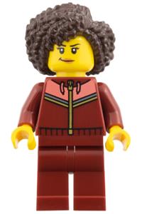 Woman Minifigure - Woman wearing a dark red tracksuit with dark brown coiled hair - cty2006